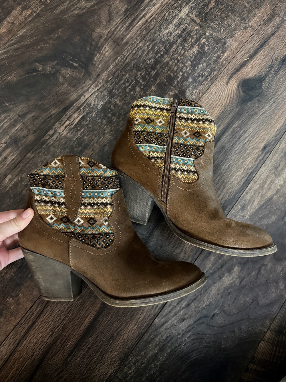 Brown Suede Ankle Boots with Patterned Shaft - Women's